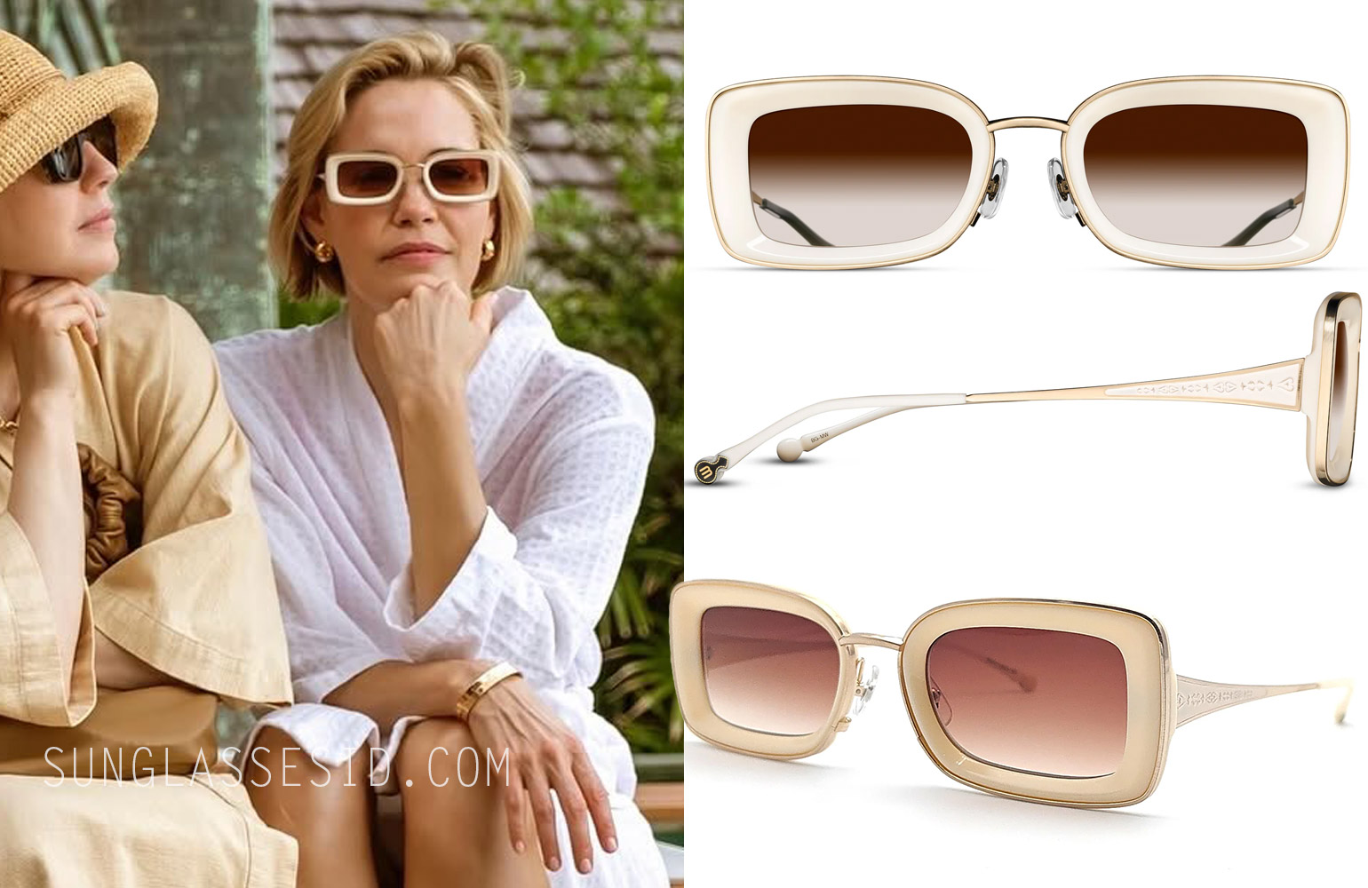 white and gold sunglasses worn by Leslie Bibb as Kate in The White Lotus Season 3