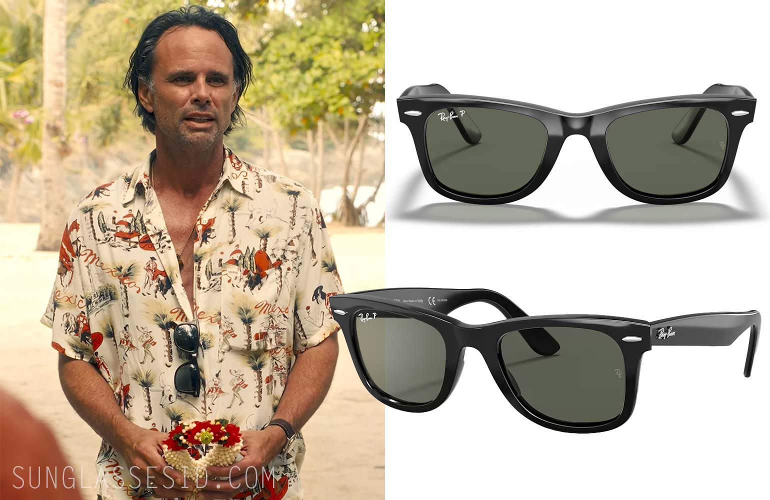 "Black Wayfarer sunglasses worn by Walton Goggins as Rick in The White Lotus