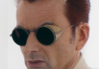 David Tennant wears Gold side shield sunglasses in Good Omens Season 3.