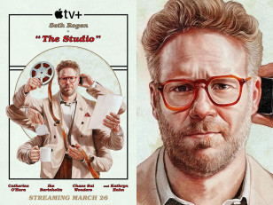 Seth Rogen wears Persol PO3292 eyeglasses on the promotional art of The Studio.