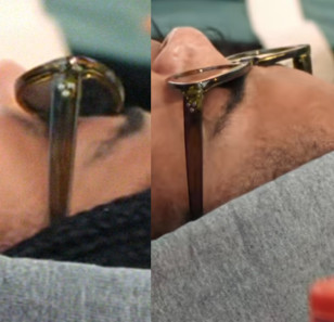 Bella Murphy wears SA106 green cat-eye sunglasses with three rivets on the temples as seen here.