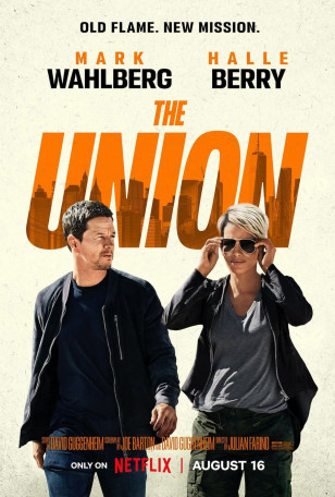 Halle Berry wears gold Tom Ford FT853 Charles sunglasses on The Union movie poster.